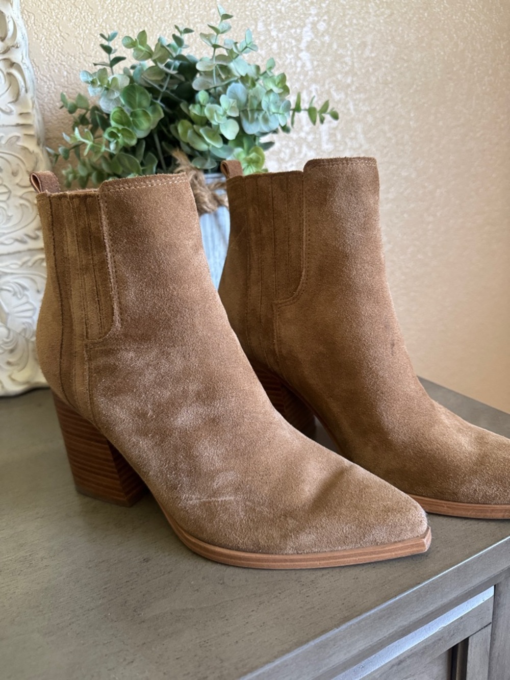 Marc Fisher Tan Suede Stacked Heel Chelsea Booties